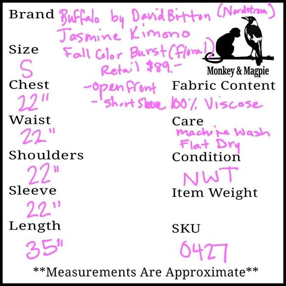 NWT Buffalo David Bitton Jasmine Kimono Fall Clr Burst Swim Cover Up Hawaiian S - Picture 8 of 8